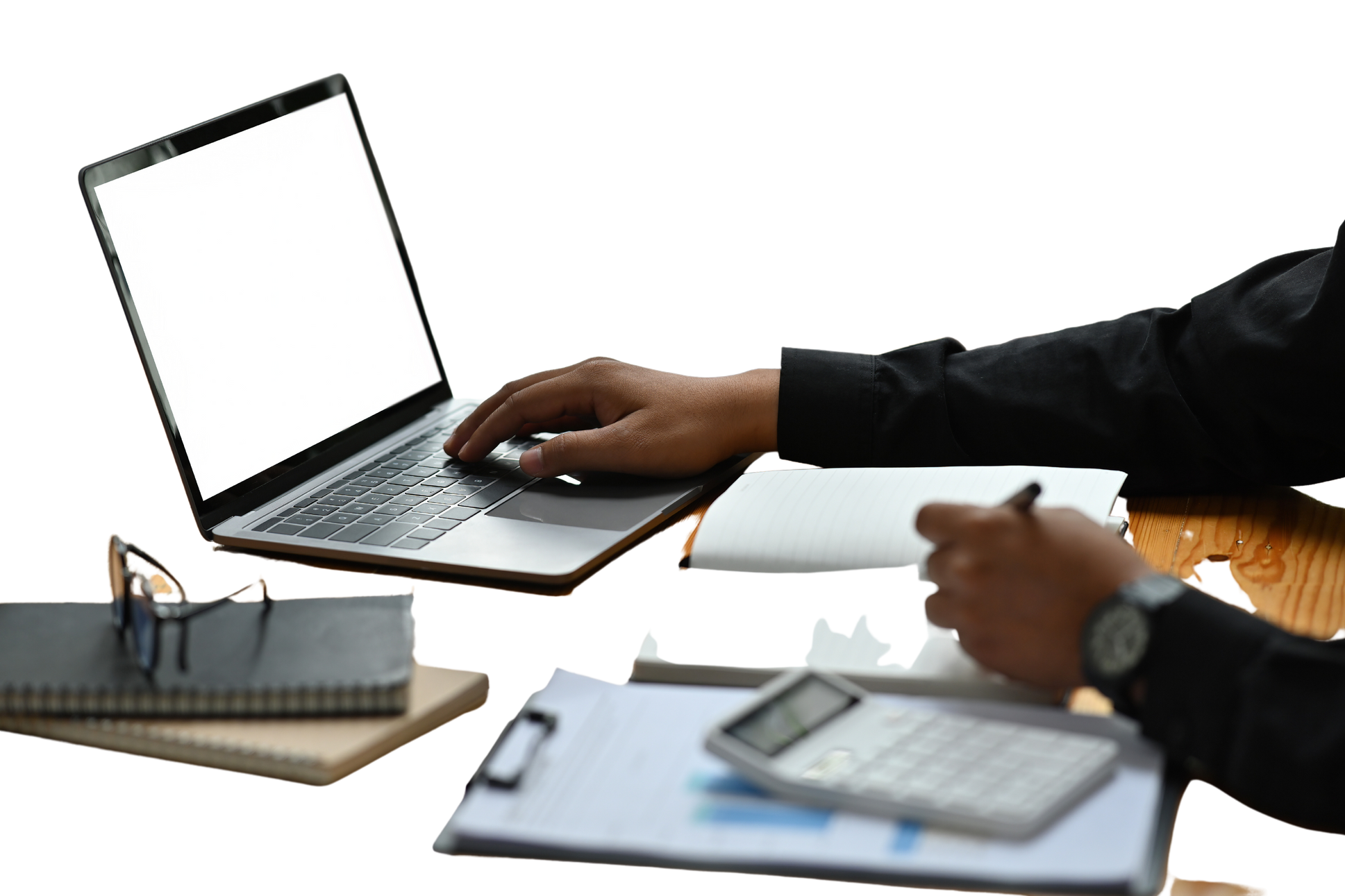 Cropped image of a young office man writing on a notebook wh